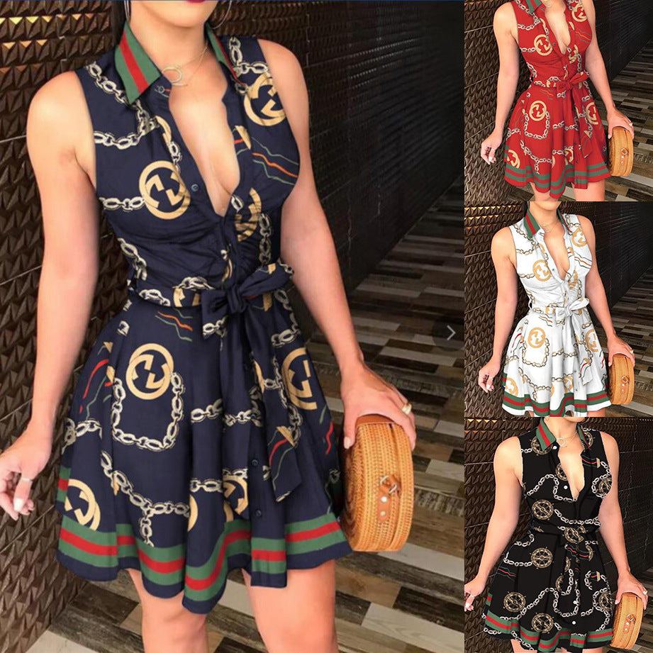 Sexy Sleeveless Dress with Collar and Waist Tie ZC3208