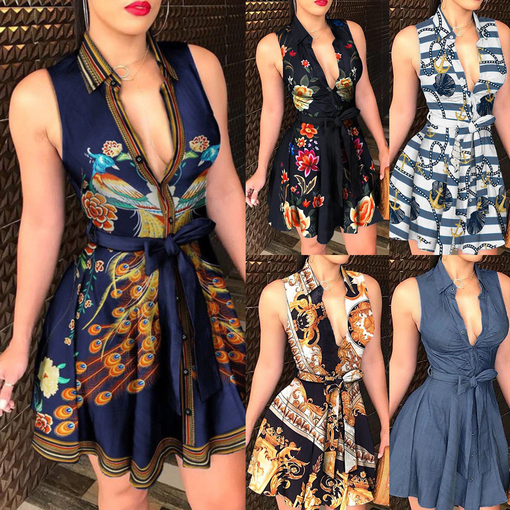 Sexy Sleeveless Dress with Collar and Waist Tie ZC3208