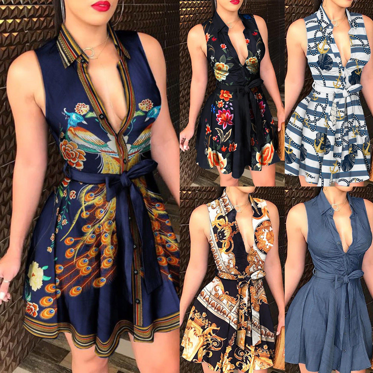 Sexy Sleeveless Dress with Collar and Waist Tie ZC3208