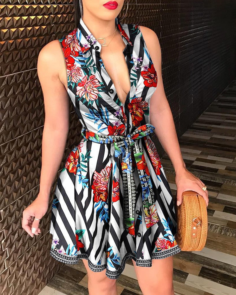 Sexy Sleeveless Dress with Collar and Waist Tie ZC3208