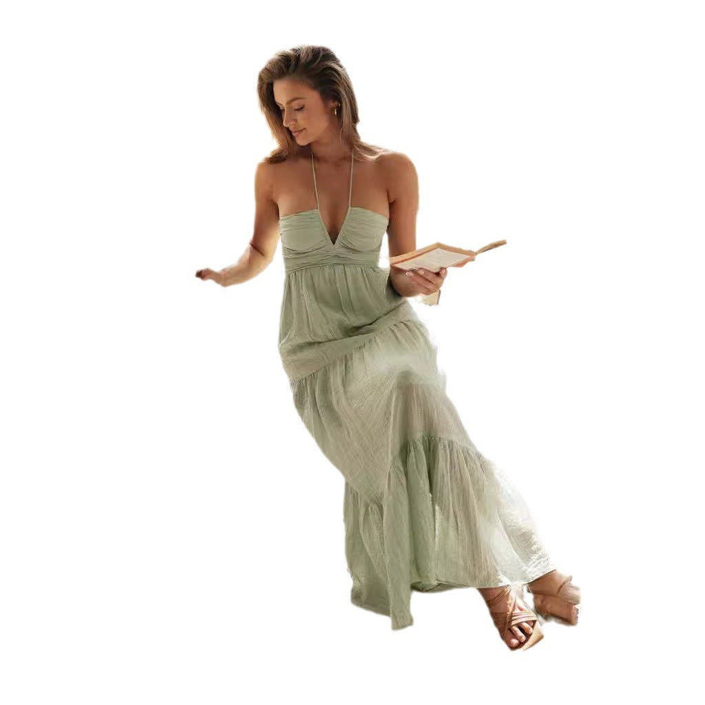 2023 Women's Long Spliced Dress with V-Neck and Sleeves
